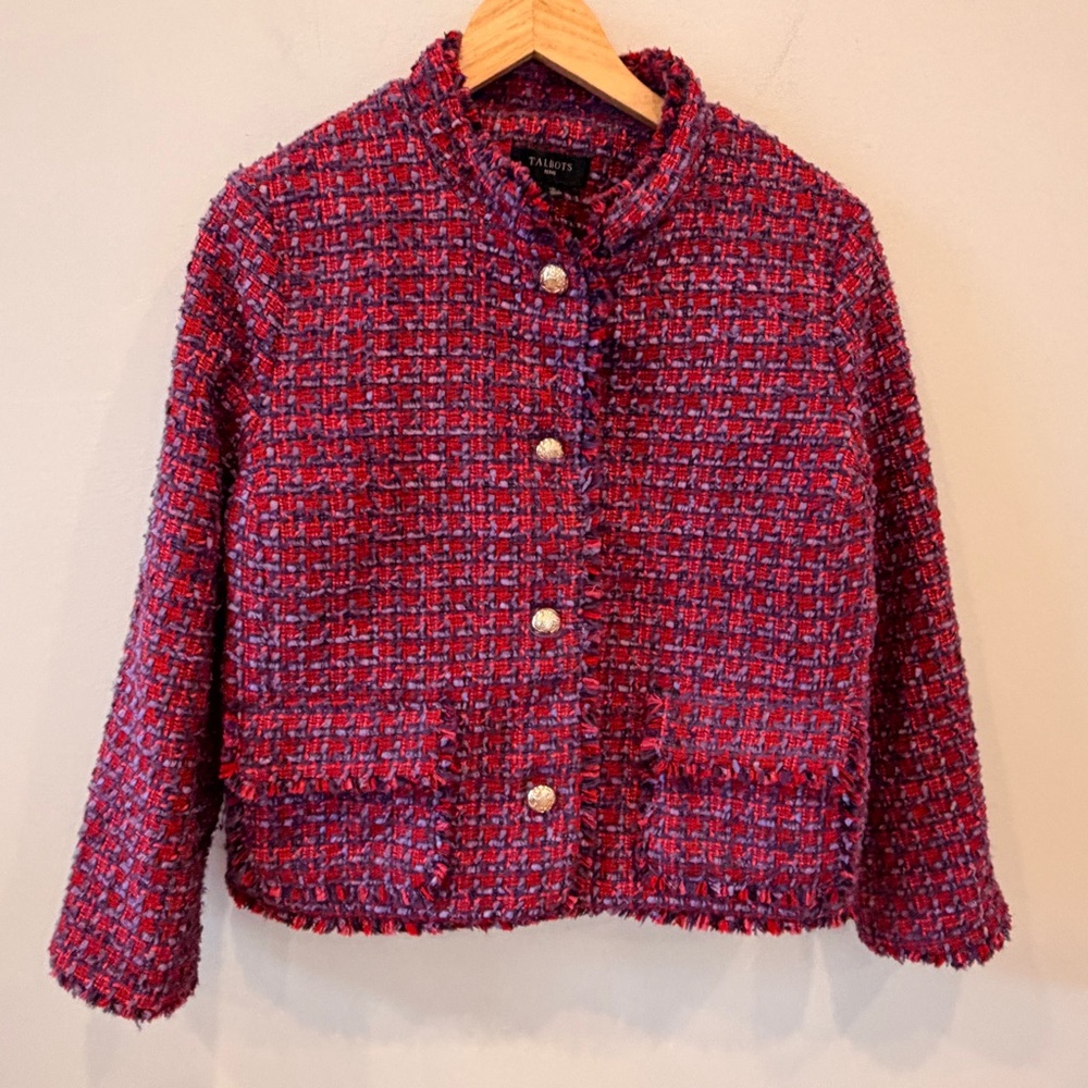 Talbots Petite Tweed Jacket Blazer Red Purple Cropped Gold Buttons 12P